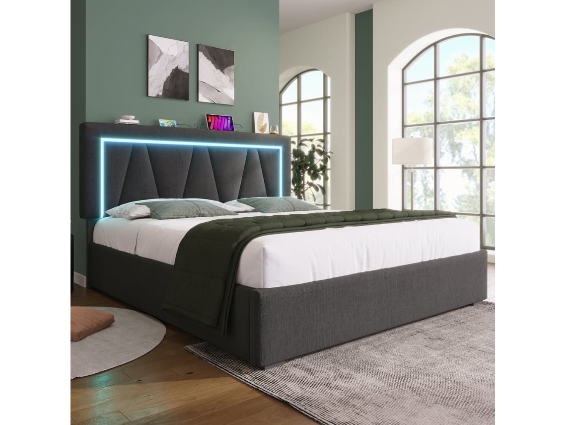Cama De Casal 140x200 - Polsterbett Led Com Usb Tipo C E Luz Led - Bege