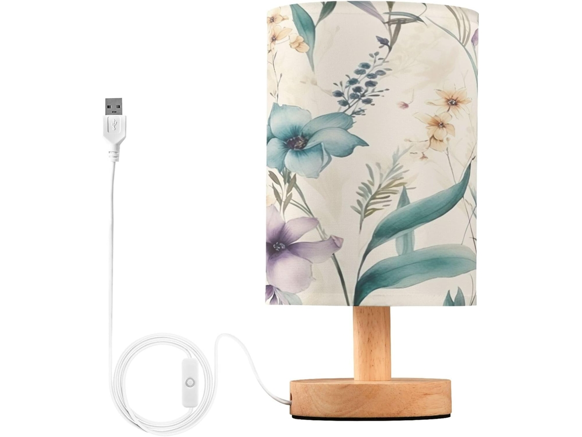 Abajur De Cabeceira Led Com Estampa Prado Florido, Ideal Para Quarto, Leitura Com Cúpula De Tecido, Base De Madeira E