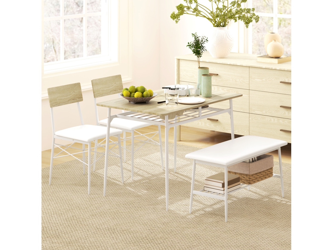 Conjunto De Mesa De Jantar Com 2 Cadeiras E Banco, Grupo Para 4 Pessoas, Ideal Para Cozinha, Sala De Estar Ou Espaços Pequenos, Em Madeira De Carvalho