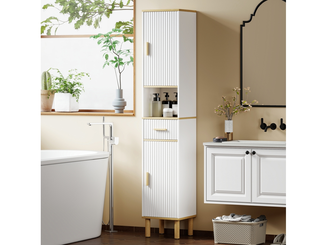 Columna De Baño Estrecha Con Estantes Ajustables Cajón Compartimento Abierto 31,5x29,7x171,5 Cm Blanco