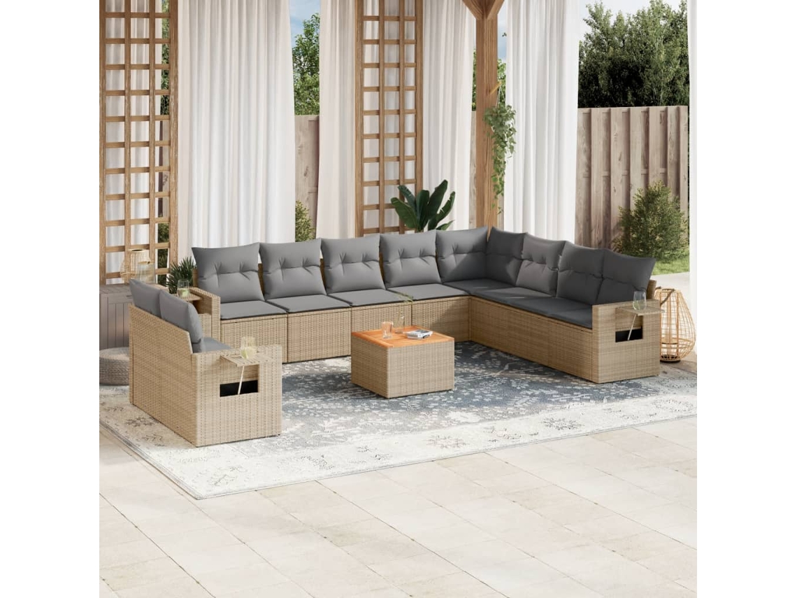 Vidaxl 11 Pcs Conj. Sofás Jardim C/ Almofadões Vime Pe Bege Misturado