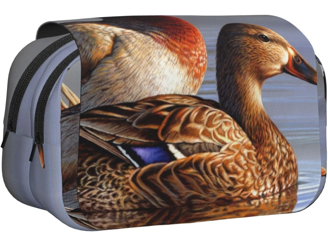 Estojo para canetas com estampa de pato-real - Bolsa de armazenamento portátil de camada dupla para crianças, meninas, meninos e adultos.