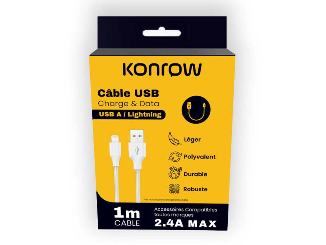 Kcatlnw1 Câble Usb Lightning Vers Type A Emballage Original Konrow (1m, Nylon, Blanc)