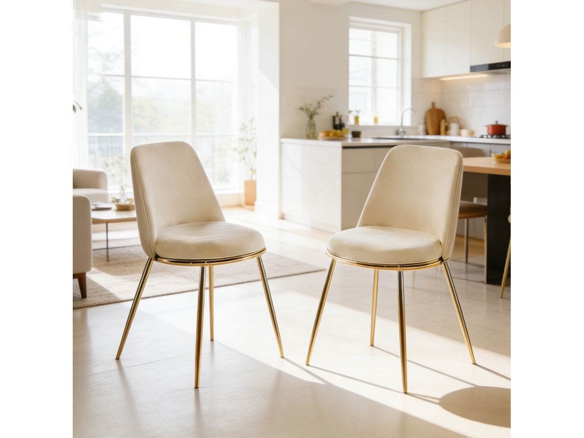 Cadeira Jantar Moderna Branco Creme Veludo Pés Dourado