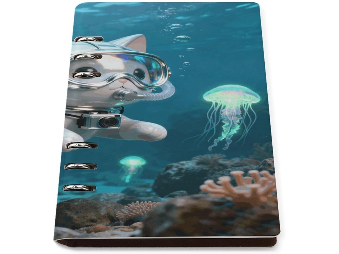 The Diving Cat Organizador Pessoal De Folhas Soltas Em Couro Sintético, Tamanho A5, Com 6 Argolas, Recarregável,