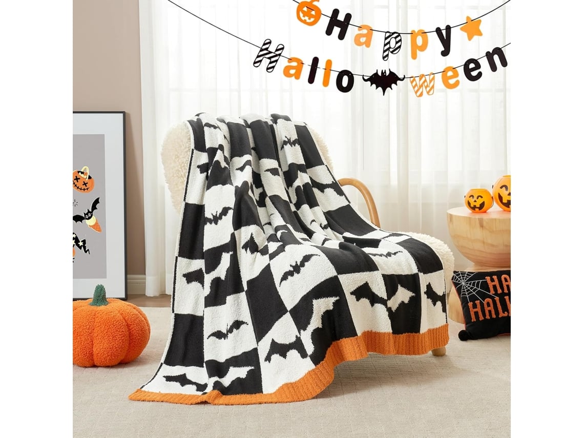 Cobertor De Halloween 127x152 Cm - Design De Morcego Xadrez Preto E Branco, Manta Decorativa Ultramacia Para Sofá, Aconchegante Pa-aquaforge