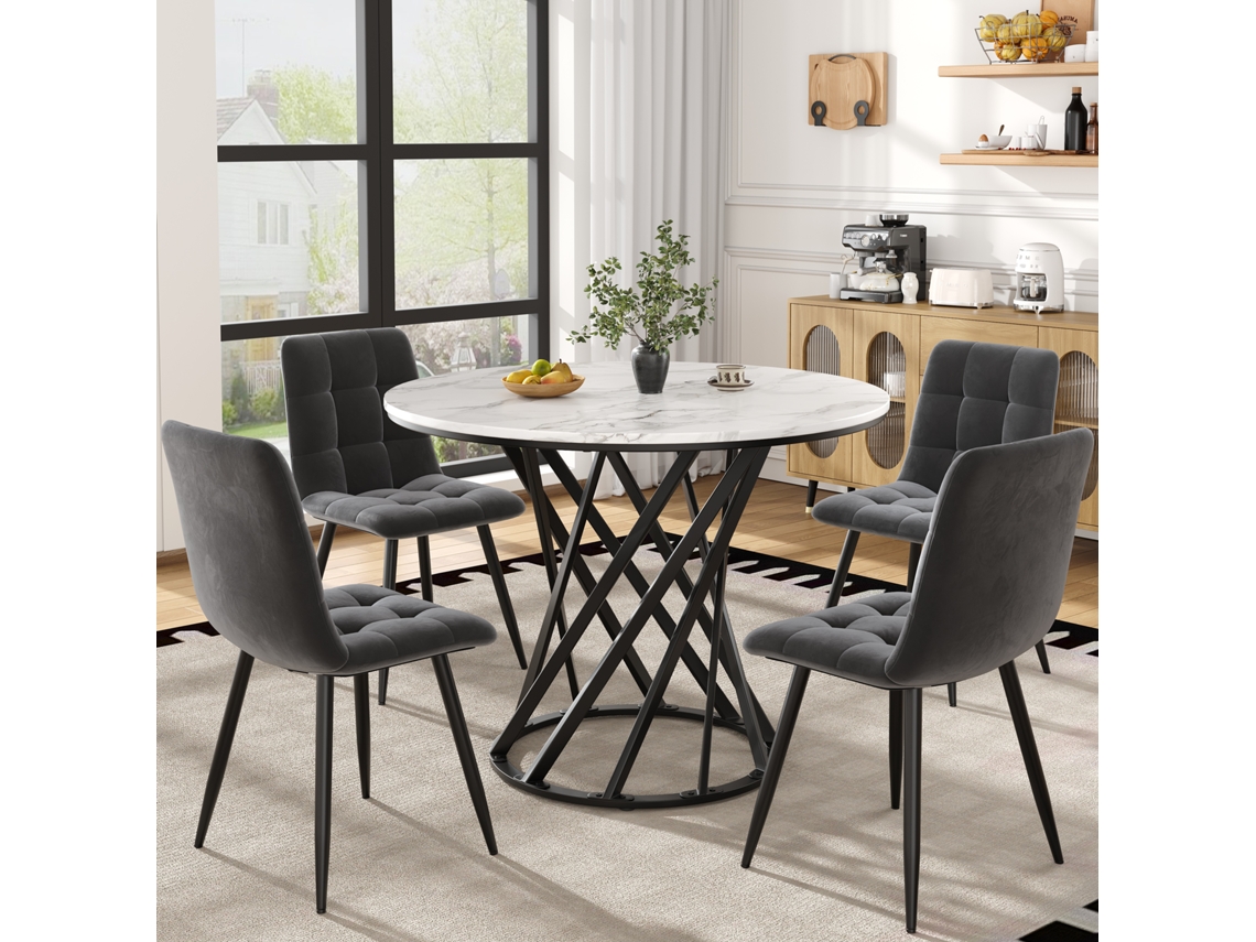 Conjunto Jantar 5pç, Mesa Redonda 100cm Mármore + 4 Cadeiras Veludo Cinza, Pernas Metal.-qq