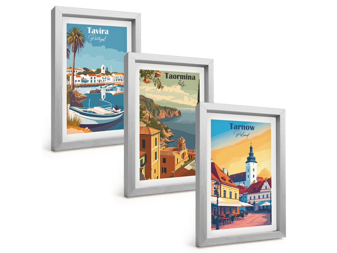 Quadros Decorativos Para Paredevistas De Cidades Costeiras Moldura Prateada Quadros Para O Escritório Espelharte (3 Peças 20x30 Cm)