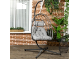 Poltrona Suspensa Rattan Pe Com Assento Rebatível, Almofada E Estrutura De Aço Resistente, Cinza