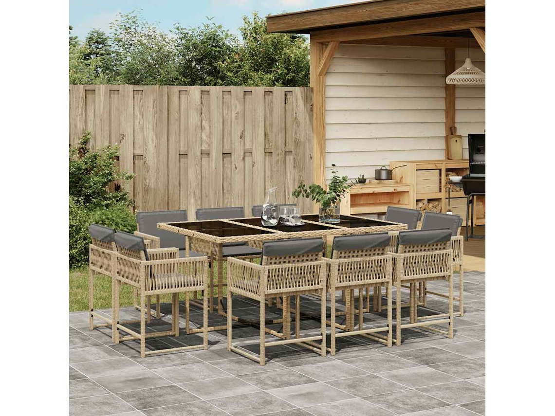 Vidaxl 11 Pcs Conj. Jantar Jardim C/ Almofadões Vime Pe Bege Misturado