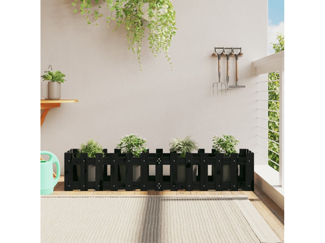 Vidaxl Canteiro Elevado C/ Design Cerca 150x30x30cm Pinho Maciço Preto