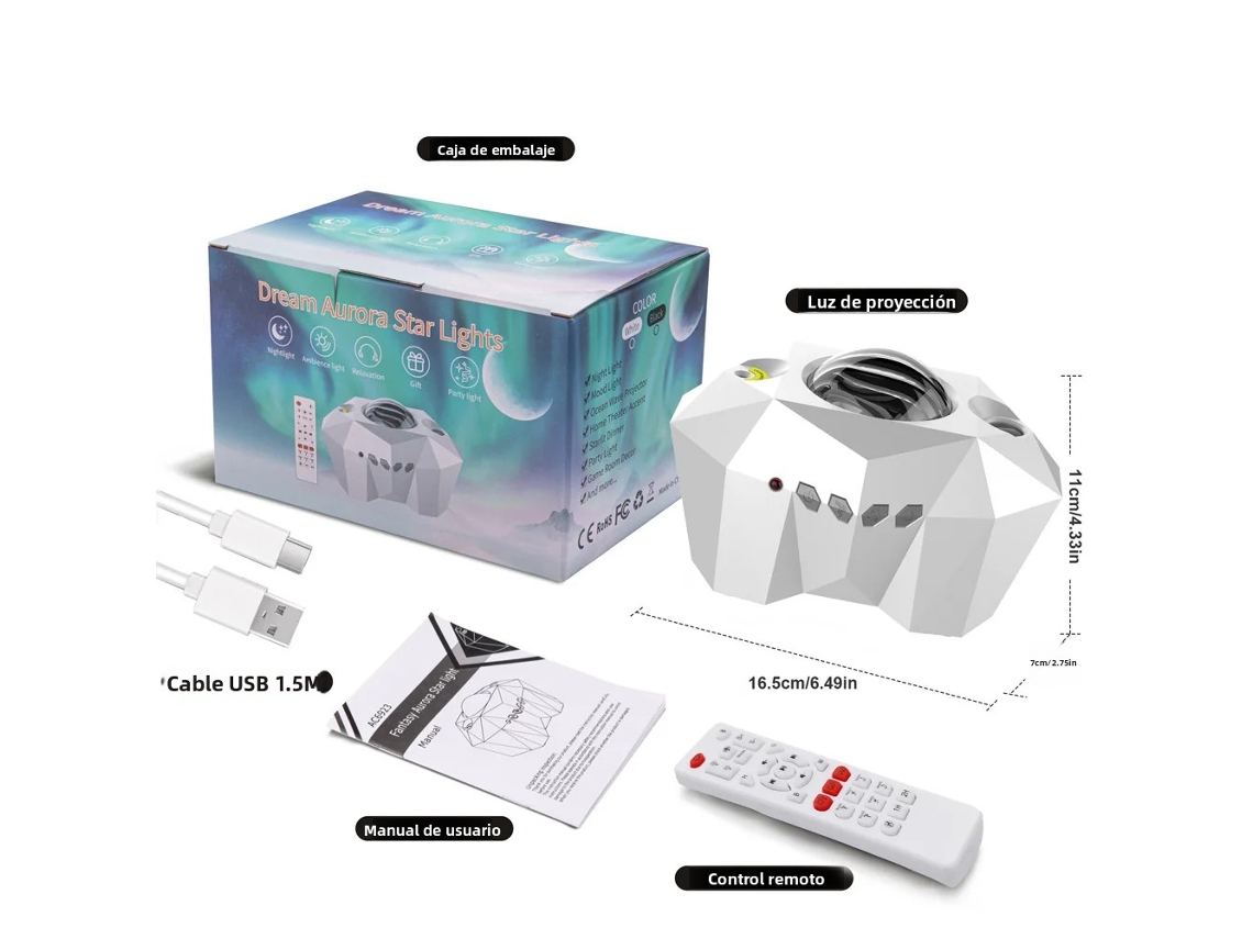 Projetor de Céu Estrelado Aurora Galaxy com Controle Remoto, Luz Noturna e Alto falante Bluetooth MDUG (branco)