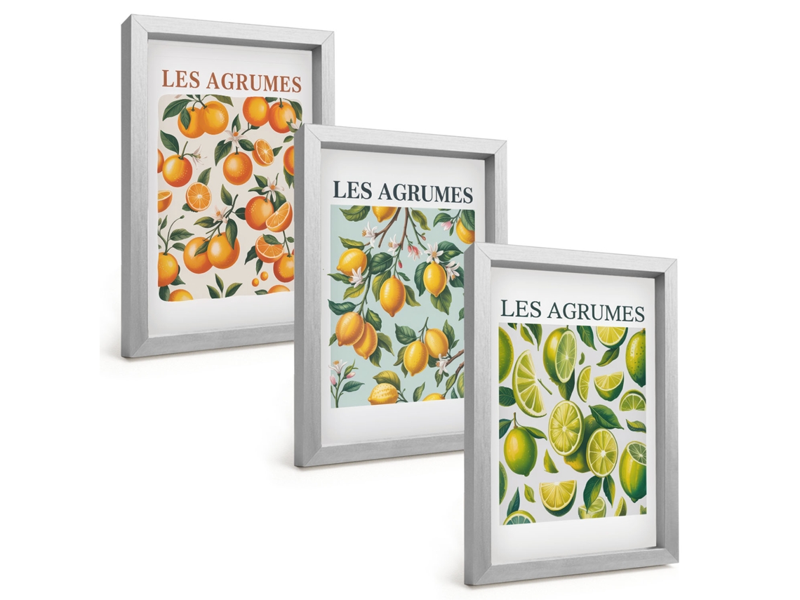 Composição De Quadros Na Paredepadrões De Frutas Cítricas Em Tons Pastel Moldura Prateada Quadros Para A Sala De Estar Espelharte (3 Peças 20x30 Cm)
