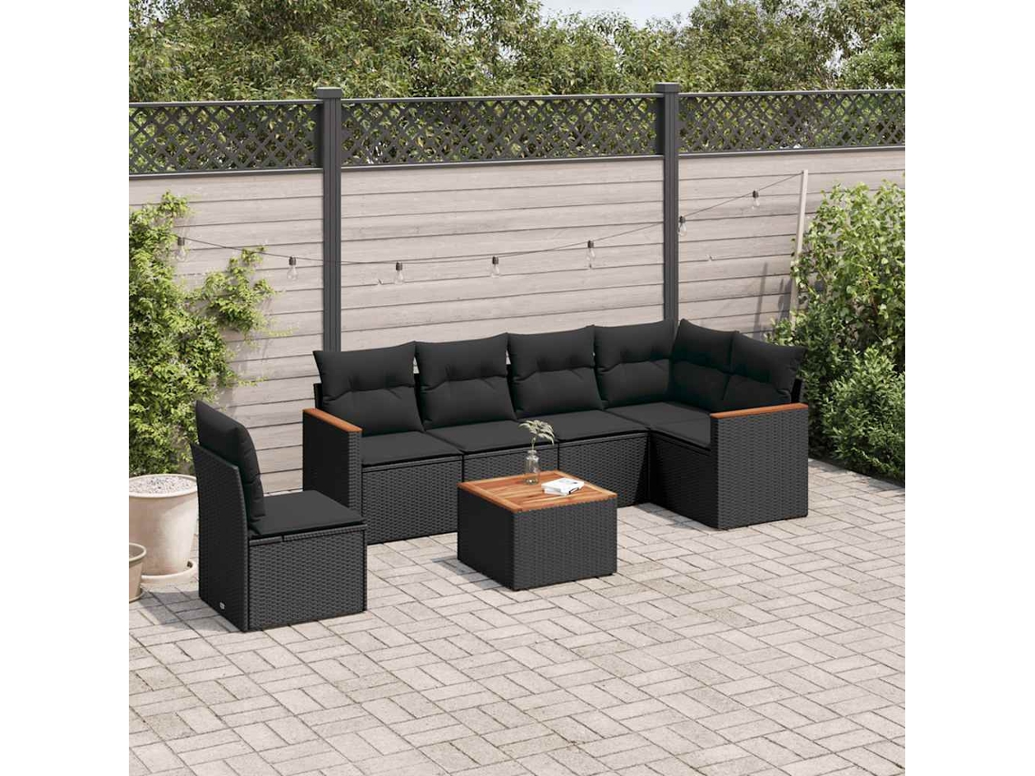 Vidaxl 7 Pcs Conjunto De Sofás P/ Jardim C/ Almofadões Vime Pe Preto