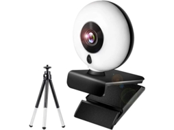 Webcam Full HD 1080p com microfone e anel de luz, streaming USB, tripé e tela de privacidade, preta. Bestvite