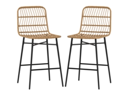 Conjunto De 2 Bancos Altos De Cozinha De Bar Com Encosto E Assento Em Vime Sintético 43x56x101 Cm Marrom Claro