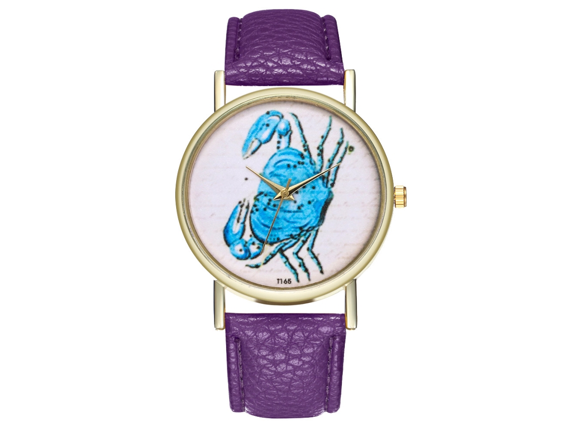 Relógio de pulso de quartzo com pulseira de couro PU, desenho de caranguejo, modelo simples e moderno T165-a (roxo)