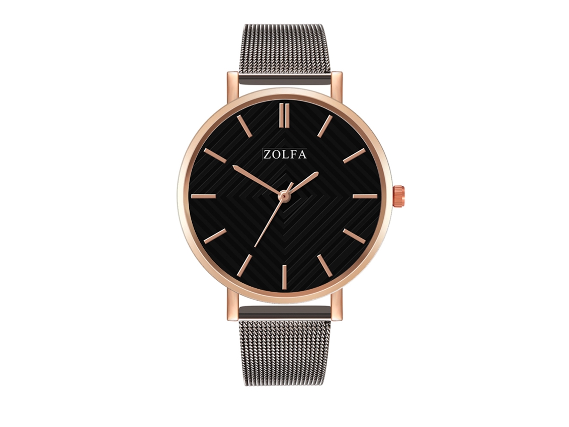 Relógio de quartzo casual unissex Zhoulianfa com pulseira de malha nas cores prata, preto e ouro rosa.