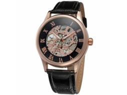Relógio mecânico automático masculino Forsining, mostrador preto vazado, caixa em ouro rosa.