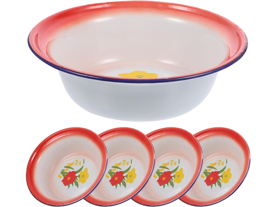 Kit de 5 Tigelas Vintage de Esmalte com Estampa Floral Vermelha. Utensílios de Cozinha Duráveis, em Esmalte, Ideais CHABERLU