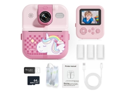 Câmera Infantil Unicórnio Rosa Lançamento 2026 Cartão de 64 Gb + Leitor de Cartões YUNZII (com Aplicativo e Lente Giratória)