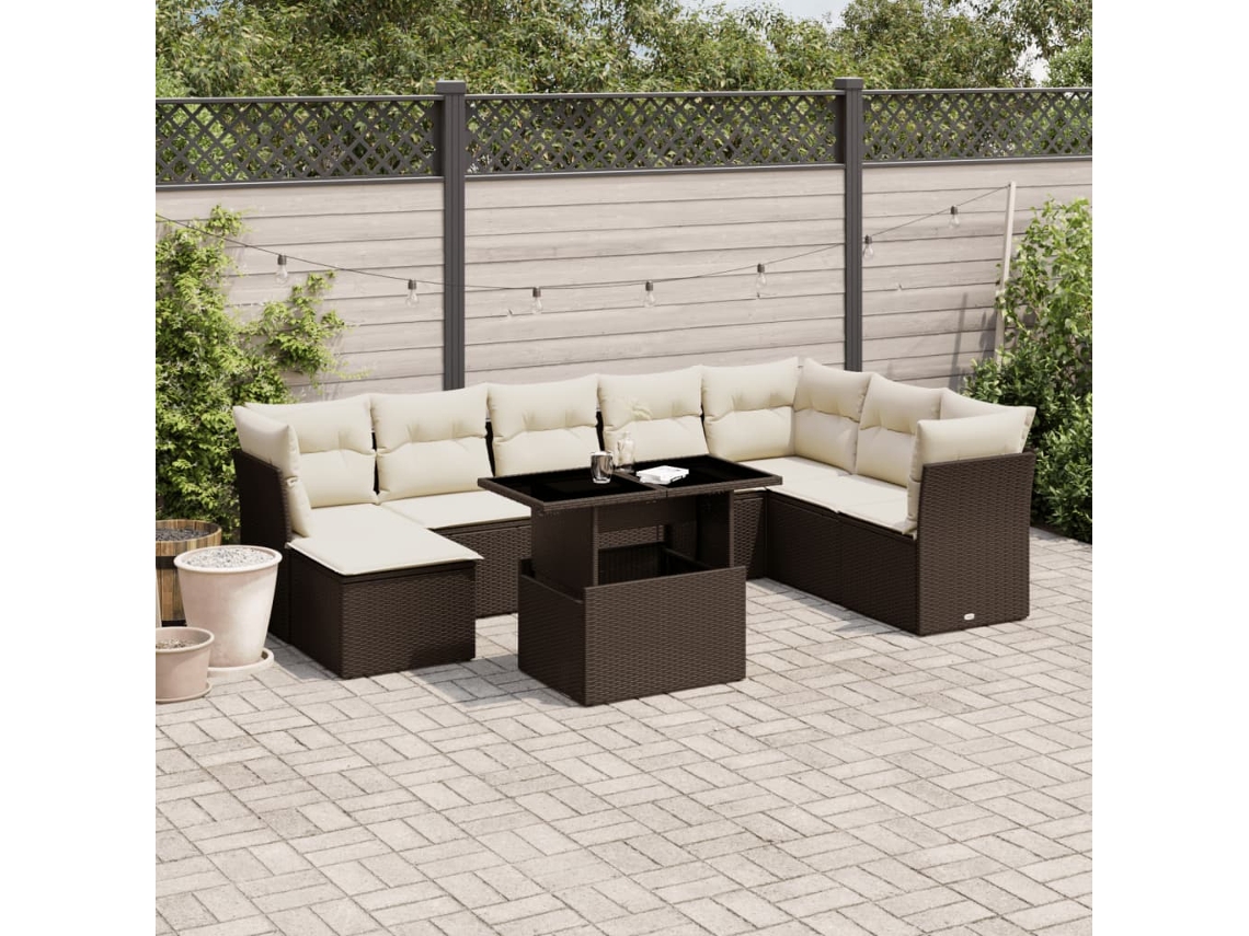 Vidaxl 9 Pcs Conjunto Sofás P/ Jardim C/ Almofadões Vime Pe Castanho
