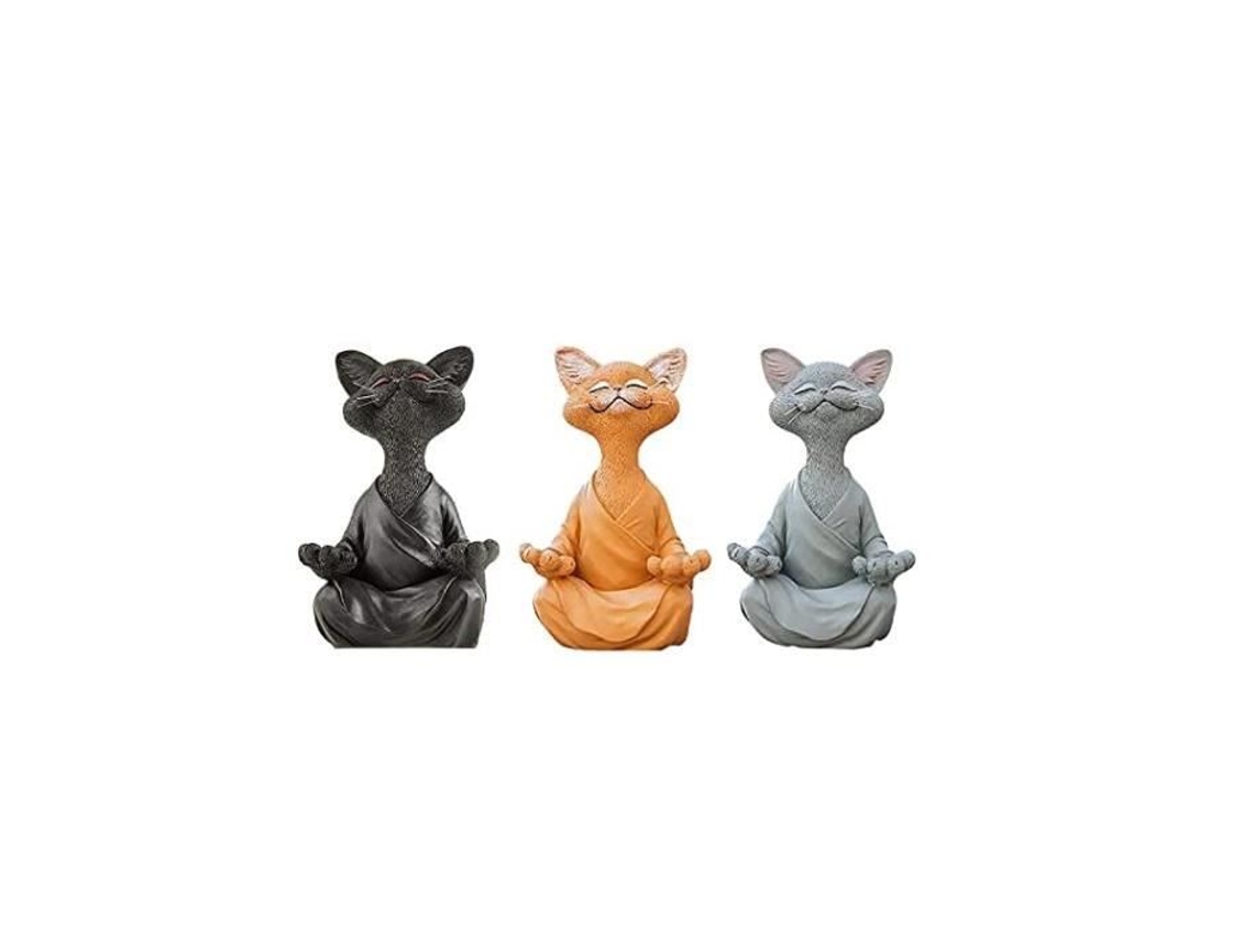 Conjunto de 3 Estátuas de Gato Meditando Buda de Gato Feliz Estátua de Gato Zen para Meditação Ou Ioga