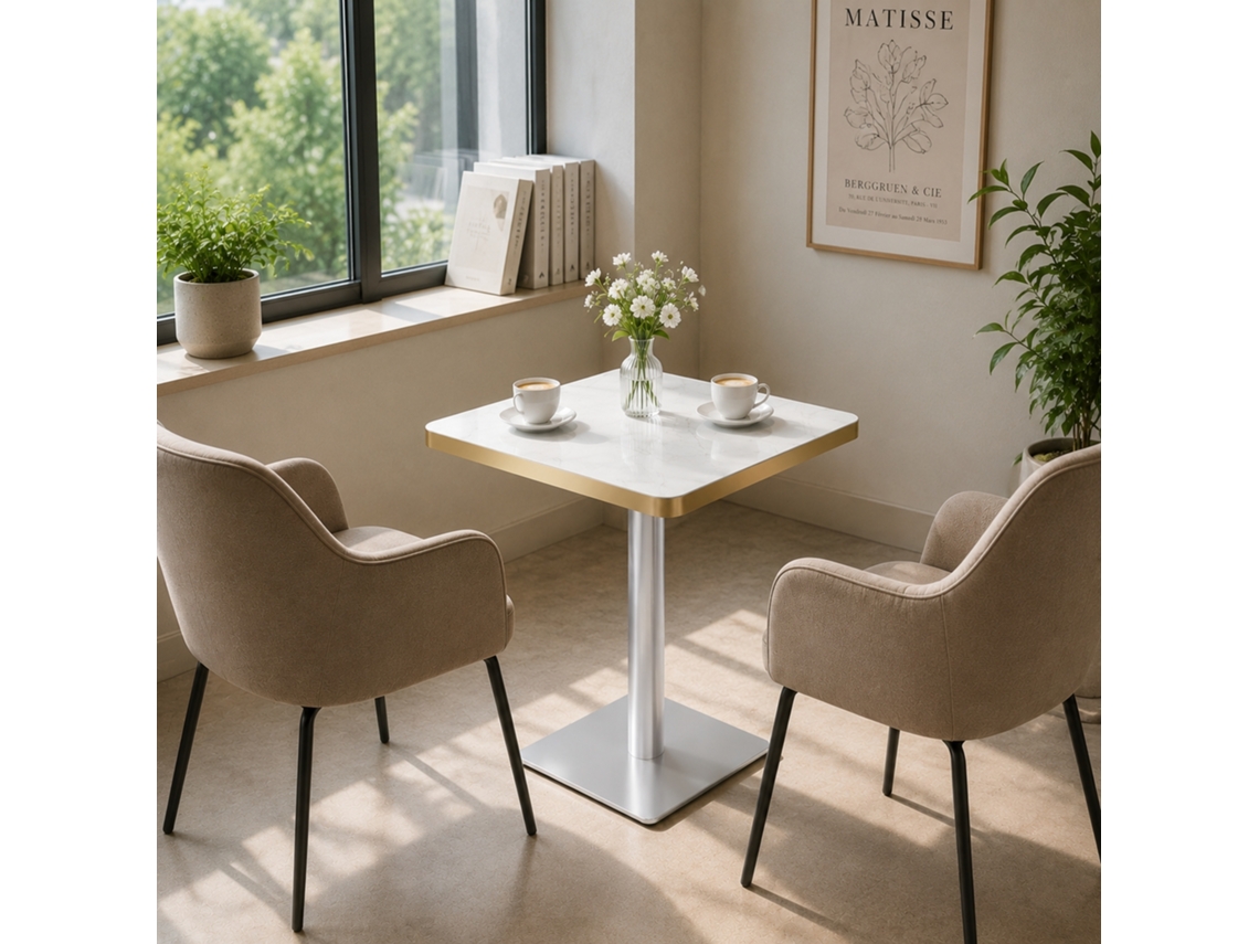 Mesa De Jantar Quadrada Com Tampo Uv Imitação Mármore E Estrutura Metálica Estilo Moderno