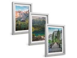 Conjunto De Pinturaspaisagem De Montanha, Lago, Píer Moldura Prateada Quadros Para A Sala De Estar Espelharte (3 Peças 20x30 Cm)