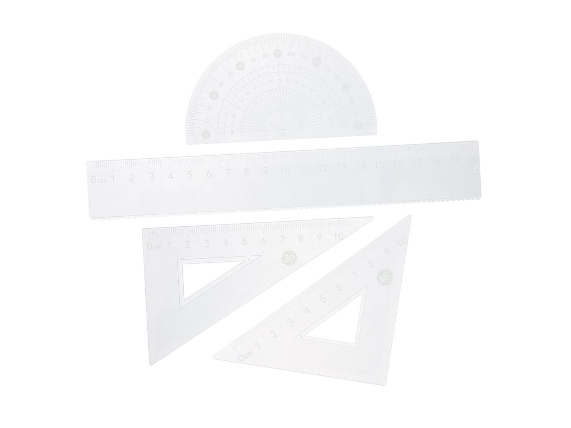Conjunto De Régua, Transferidor E Esquadro Plástico Transparente,