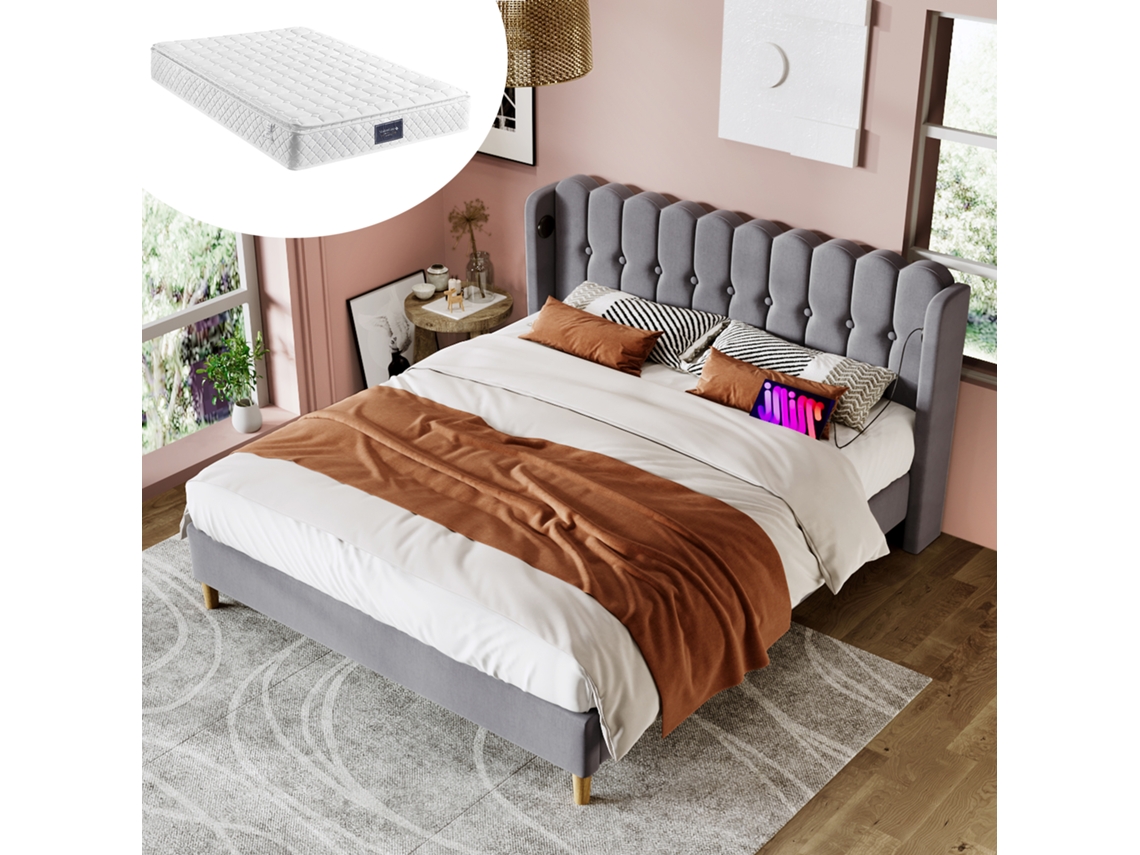 Cama Queen Size 140x200cm Cinza Estofada Com Porta Usb C E Colchão