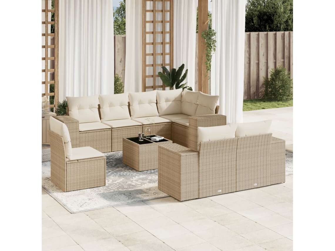Vidaxl 9 Pcs Conjunto De Sofás P/ Jardim Com Almofadões Vime Pe Bege