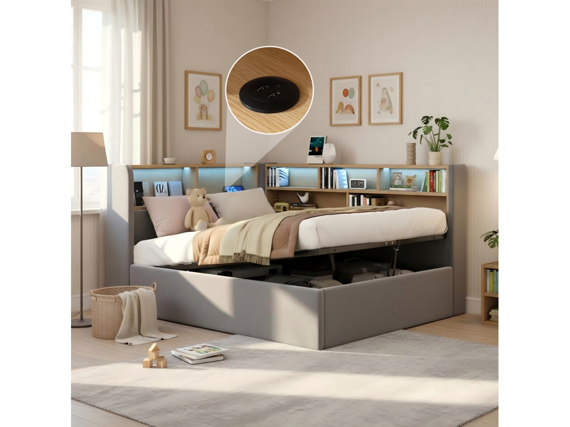 Sofá cama 90x200 Veludo Cinza Led Usb Hidráulico VOLTEDGE