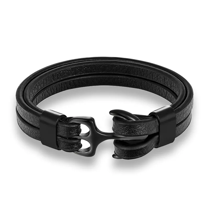Pulseira Masculina Em Couro Genuíno Com Pingente De Âncora E Fecho Em Aço Inoxidável.
