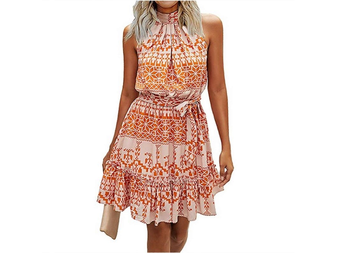 Vestido Halter Bóhemio Estampado Floral Ou Pontos Com Cinto Ajustável Manga Curta Comprimento Joelho Feminino Estampa De Damasco