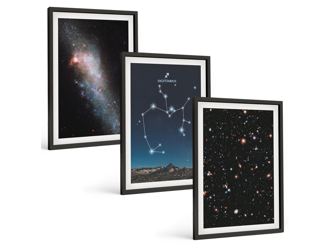 Pinturas Murais Modernas Constelações Espaciais, Sagitário Moldura Preta Quadros Para O Escritório Espelharte (3 Piezas De 40x60 Cm)