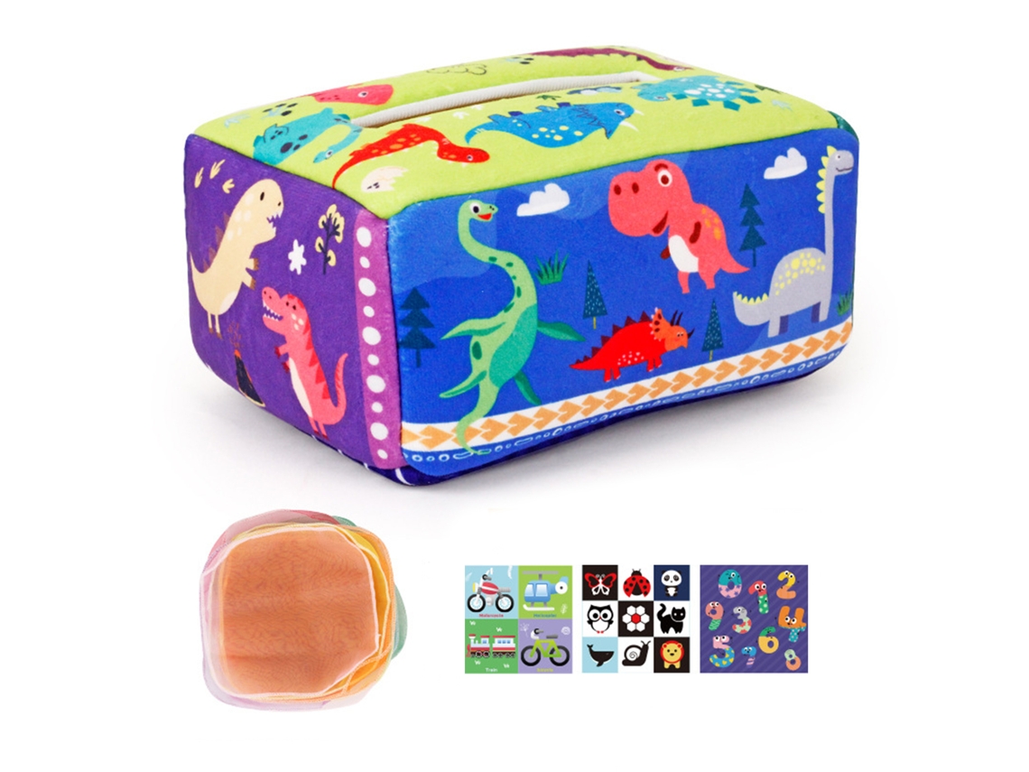 Mali brinquedo de Caixa de Papel Higiênico para Bebê Sensorial Colorido Inspirado Dino com Lenços Macios