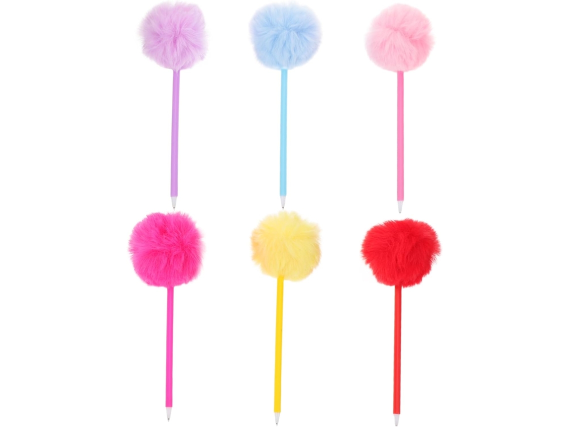 Conjunto De 6 Canetas Esferográficas Com Pompons Fofinhos Criativas E