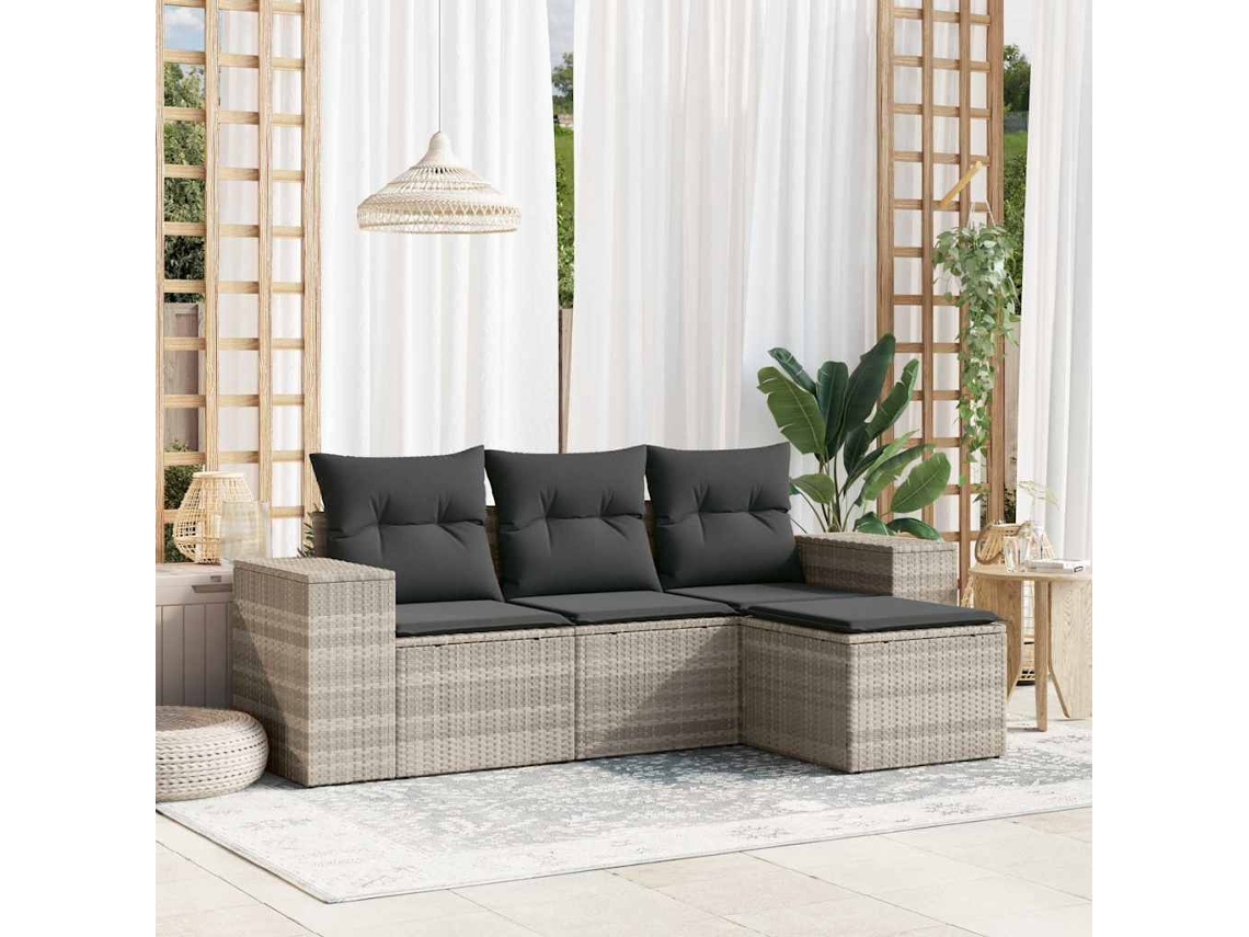 Vidaxl 4 Pcs Conj. Sofás Jardim C/ Almofadões Vime Pe Cinzento-claro