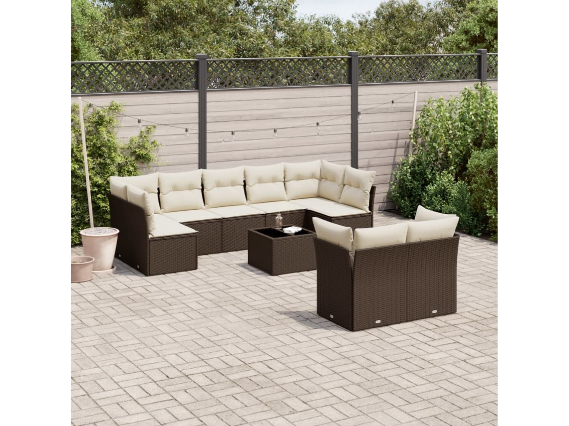Vidaxl 10 Pcs Conj. Sofás Jardim Com Almofadões Vime Pe Castanho