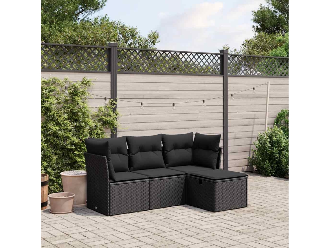 Vidaxl 4 Pcs Conjunto De Sofás Para Jardim C/ Almofadões Vime Pe Preto