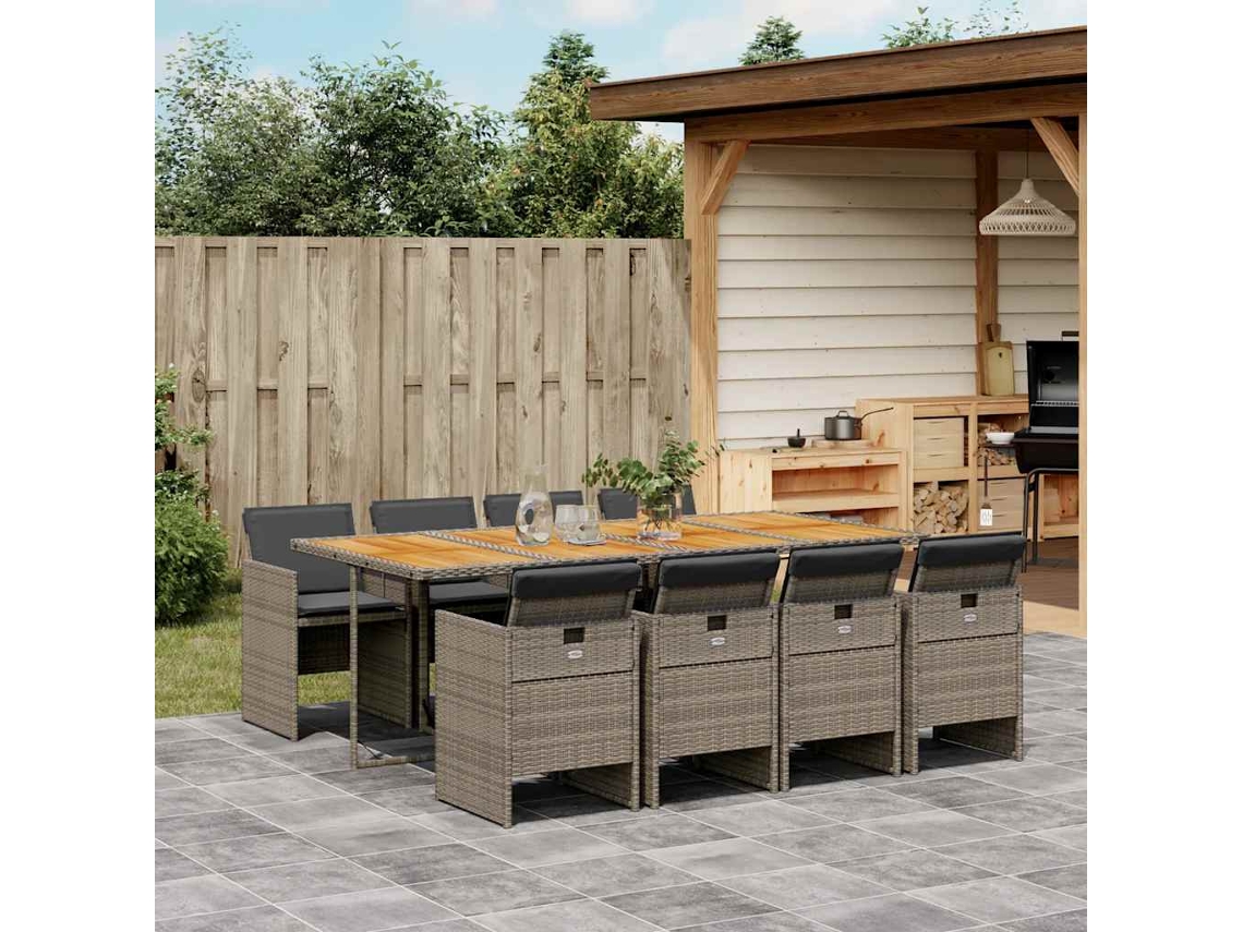 Vidaxl 9 Pcs Conjunto De Jantar P/ Jardim C/ Almofadões Vime Pe Cinza