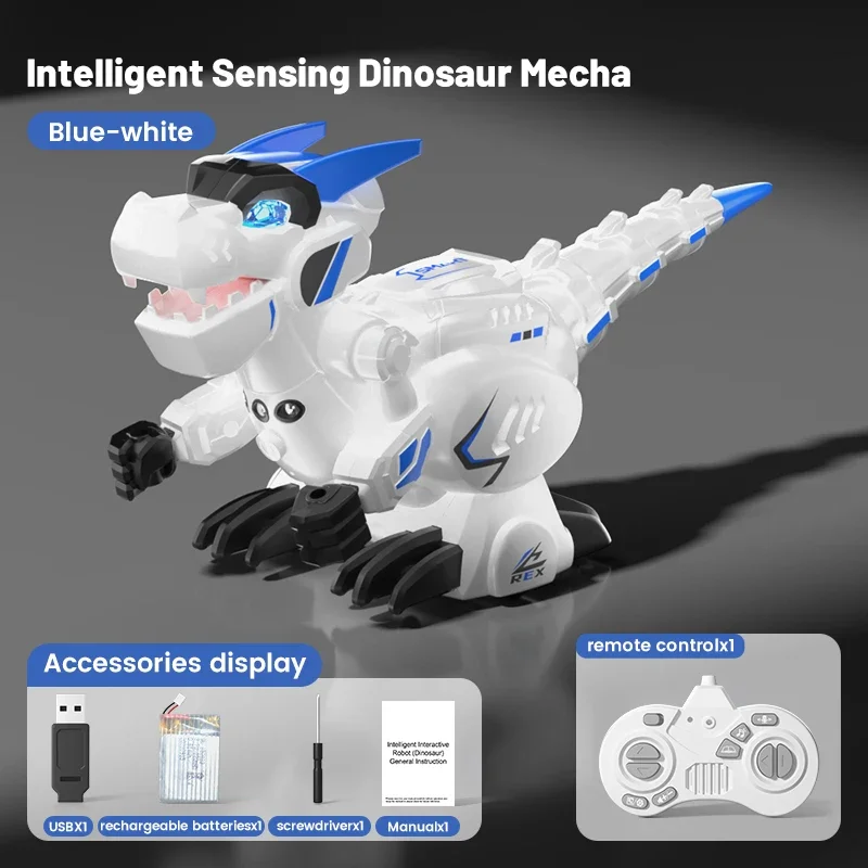(azul E Branco) Robô Elétrico Modelo Dinossauro Com Controle Remoto E Sensor Inteligente