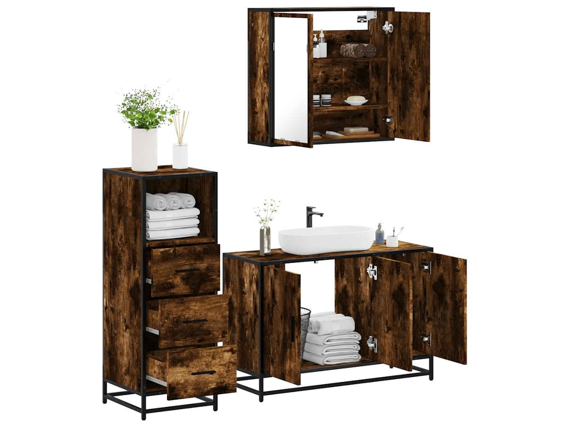 Vidaxl 3 Pcs Conjunto De Móveis Wc Madeira Processada Carvalho Fumado
