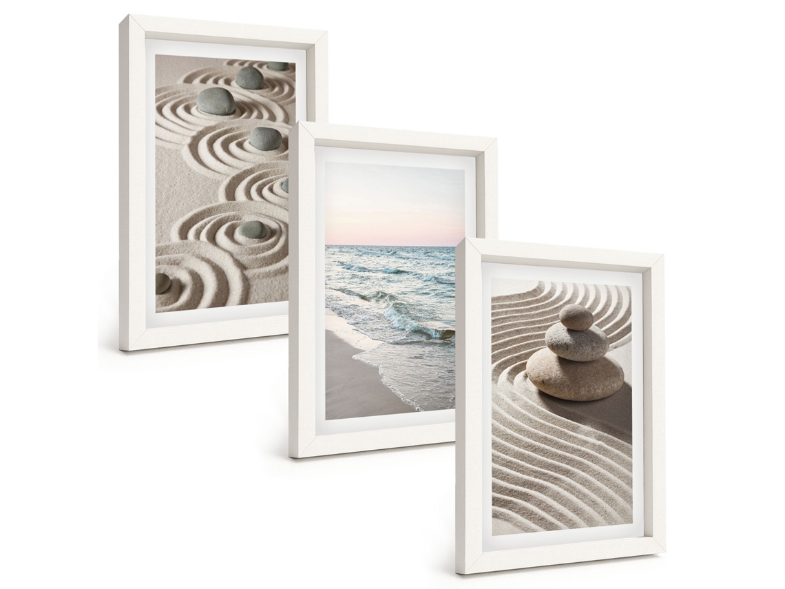 Conjunto De Pinturas Ondas, Areia, Água, Pedras, Praia Moldura Branca Quadros Para A Sala De Estar Espelharte (3 Peças 20x30 Cm)