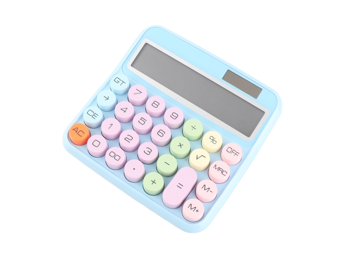 Calculadora Mecânica 12 Dígitos Tela Inclinada 15° Teclas Grandes Redondas Bateria Solar Cute Rosa Roxo Branco Azul
