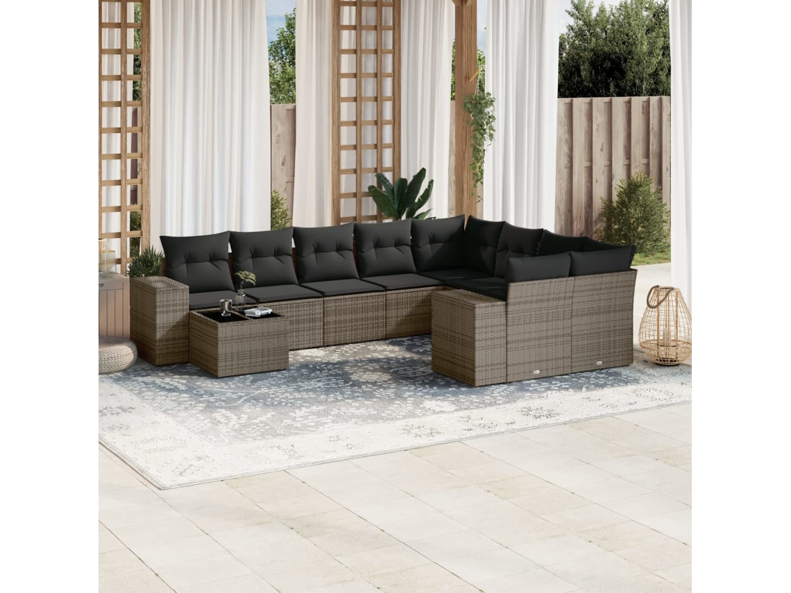 Vidaxl 10 Pcs Conjunto Sofás De Jardim C/ Almofadões Vime Pe Cinzento
