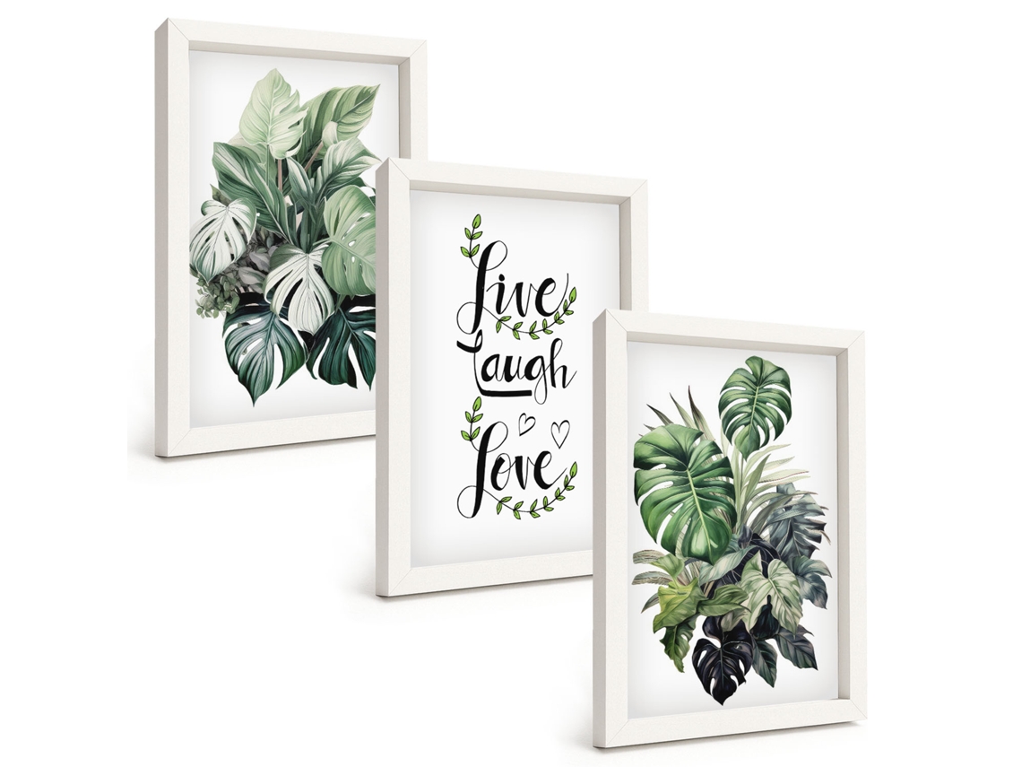 Conjunto De Quadros Com Moldura Plantas Folhosas, Viver, Rir, Amar Moldura Branca Fotos Para O Corredor Espelharte (3 Peças 20x30 Cm)