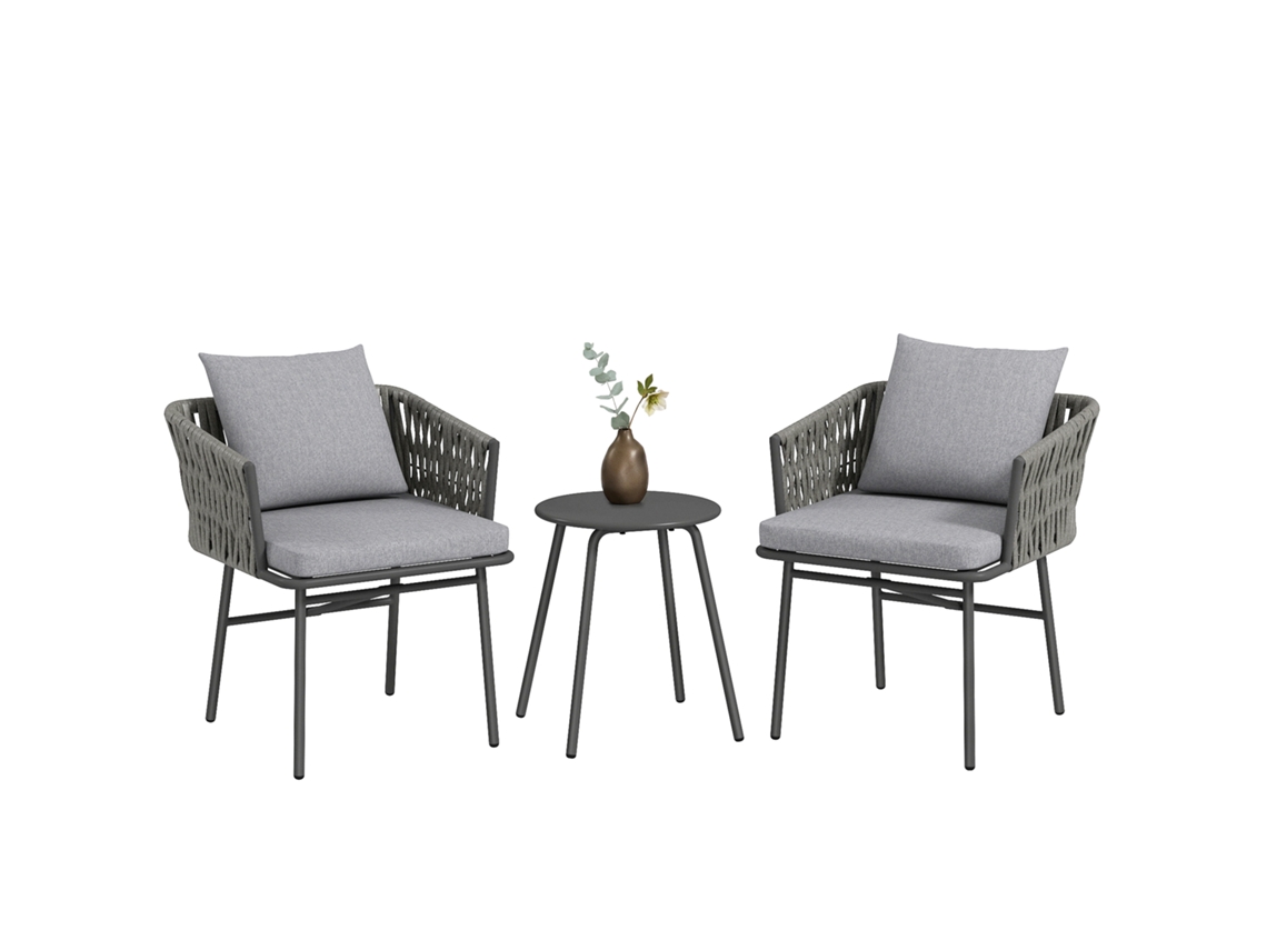 Conjunto Exterior 3 Peças: 2 Cadeiras, 1 Mesa Bistrô, Rattan Artificial, Aço, 4 Almofadas, Cinza ZENCORE SERVICES