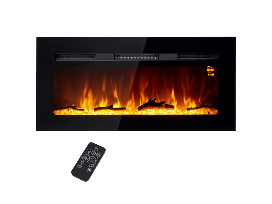 Lareira Elétrica Com Suporte De Parede E Controle Remoto, Baús Artificiais E Cristais, Potência 1800w, Preto Pt